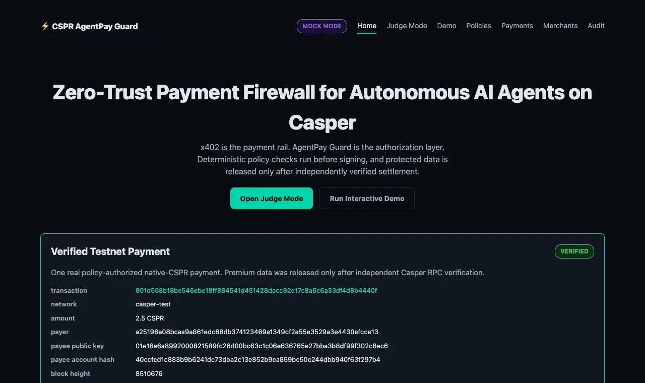 AgentPay Guard dashboard showing a payment policy flow and verified Casper Testnet payment evidence